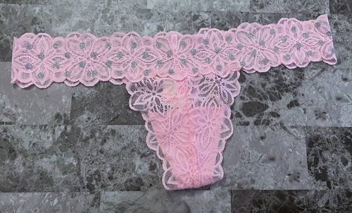 NWT VICTORIA'S SECRET PINK L LACE SILVER GLITTER POLKA DOT RARE THONG PANTIES - 第 1/4 張圖片