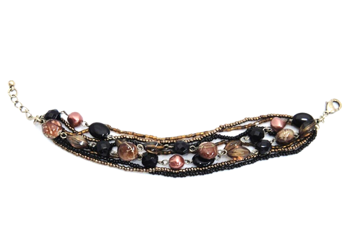 Multi-Strand Bracelet Black Copper Amber Beads Stones 8 Strands 7-8" - Picture 4 of 4