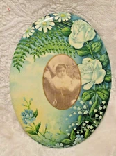 Antique~Oval Picture~Framed Print in Center~Toddler in Stroller~No Easel Stand 