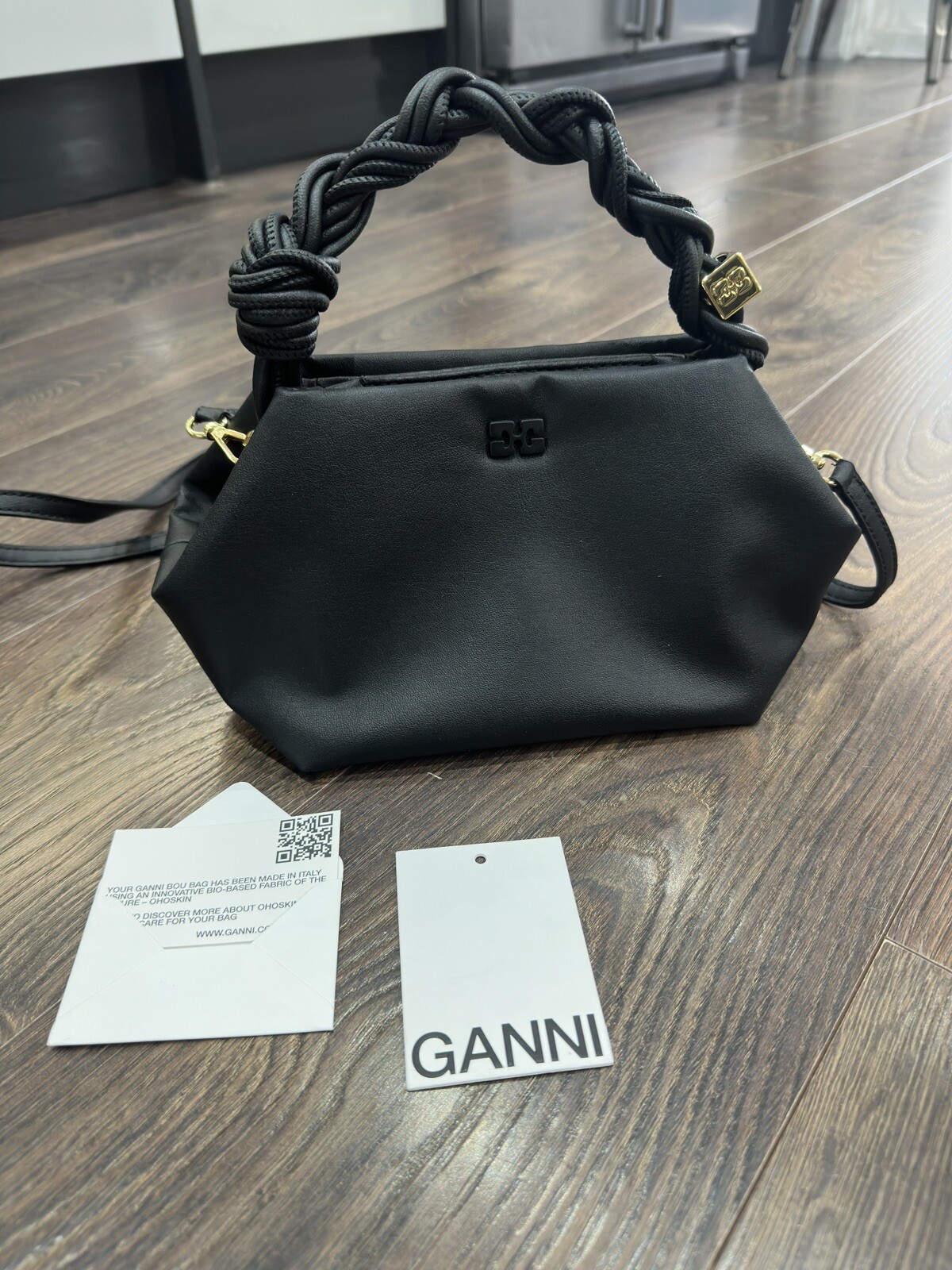 GANNI Bou braidedhandle recycledleather crossbody Small Black bag eBay
