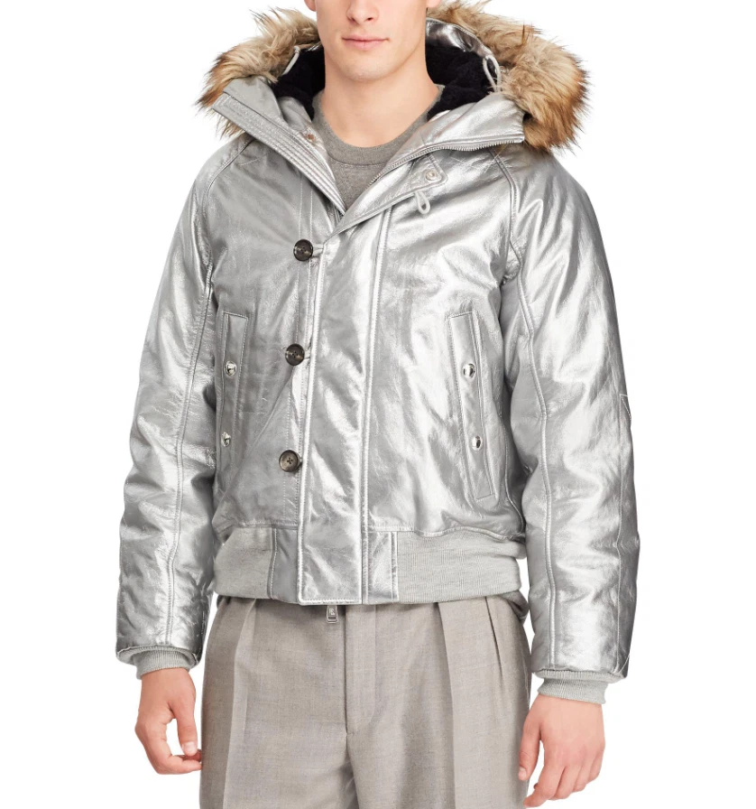 Chaqueta de bombardero Ralph Lauren etiqueta púrpura cuero de oveja lámina metálica $4,995  Foto 3 de 4