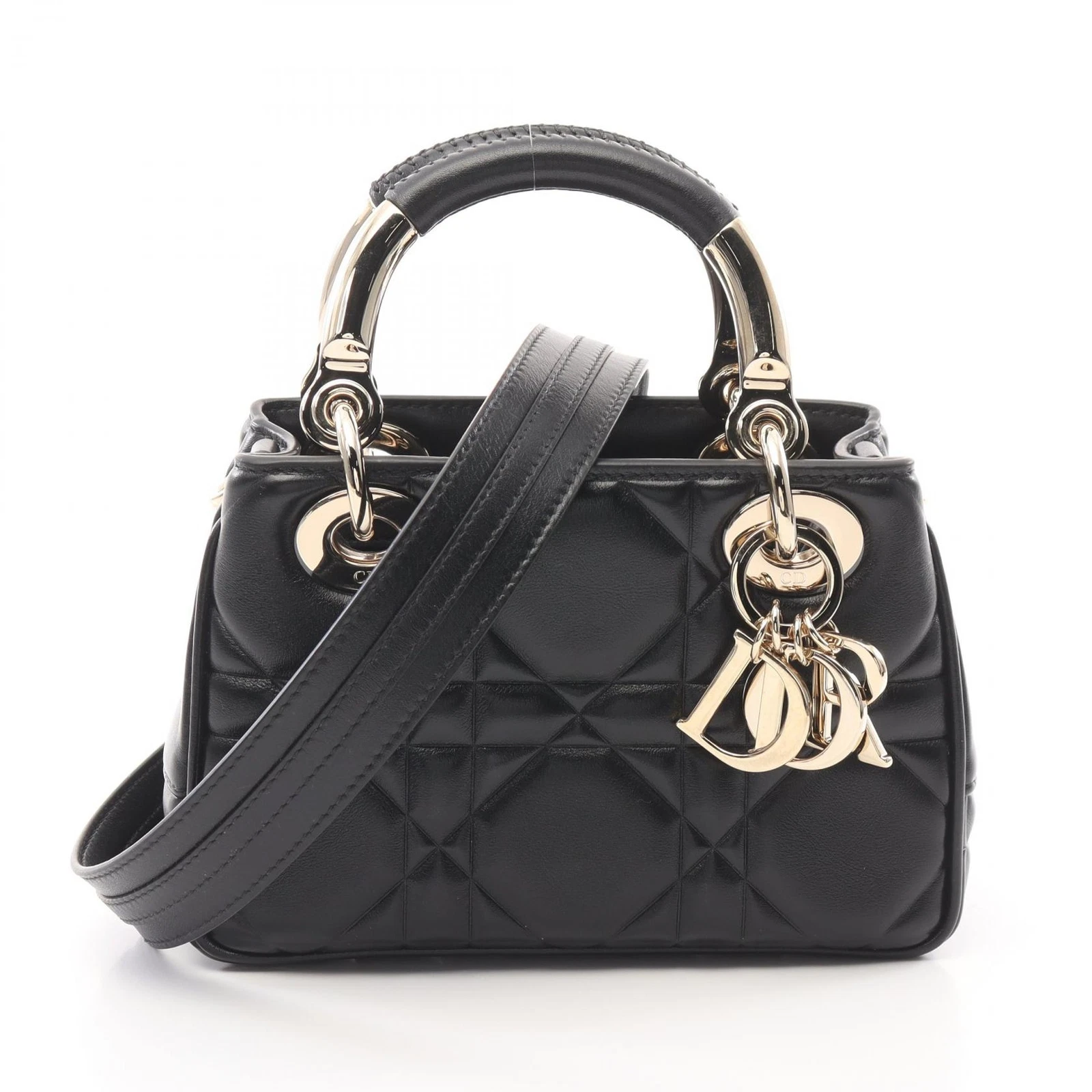 Sac à main bandoulière Dior Lady Dior Cannage 95,22 2 voies cuir noir occasion femme GHW