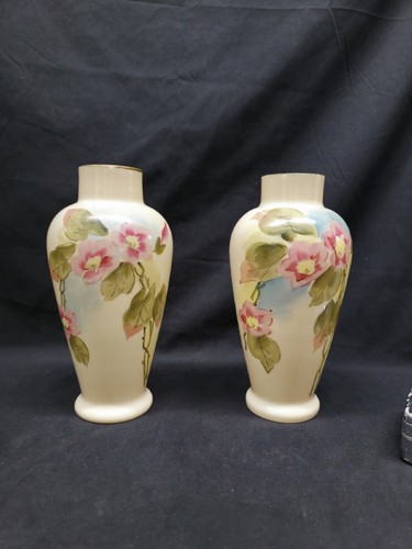 Pair Antique opaline glass vase hand painted flowers Cream Color Pink Flowers - Picture 14 of 24