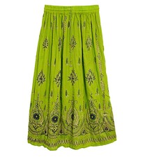 Indian Green Tie Crinkle,Long Boho Rayon Sequin Pull-On Elastic Waist Long Skirt