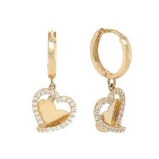 14k Yellow Gold Double Heart Dangle Hoop Huggie CZ Earrings