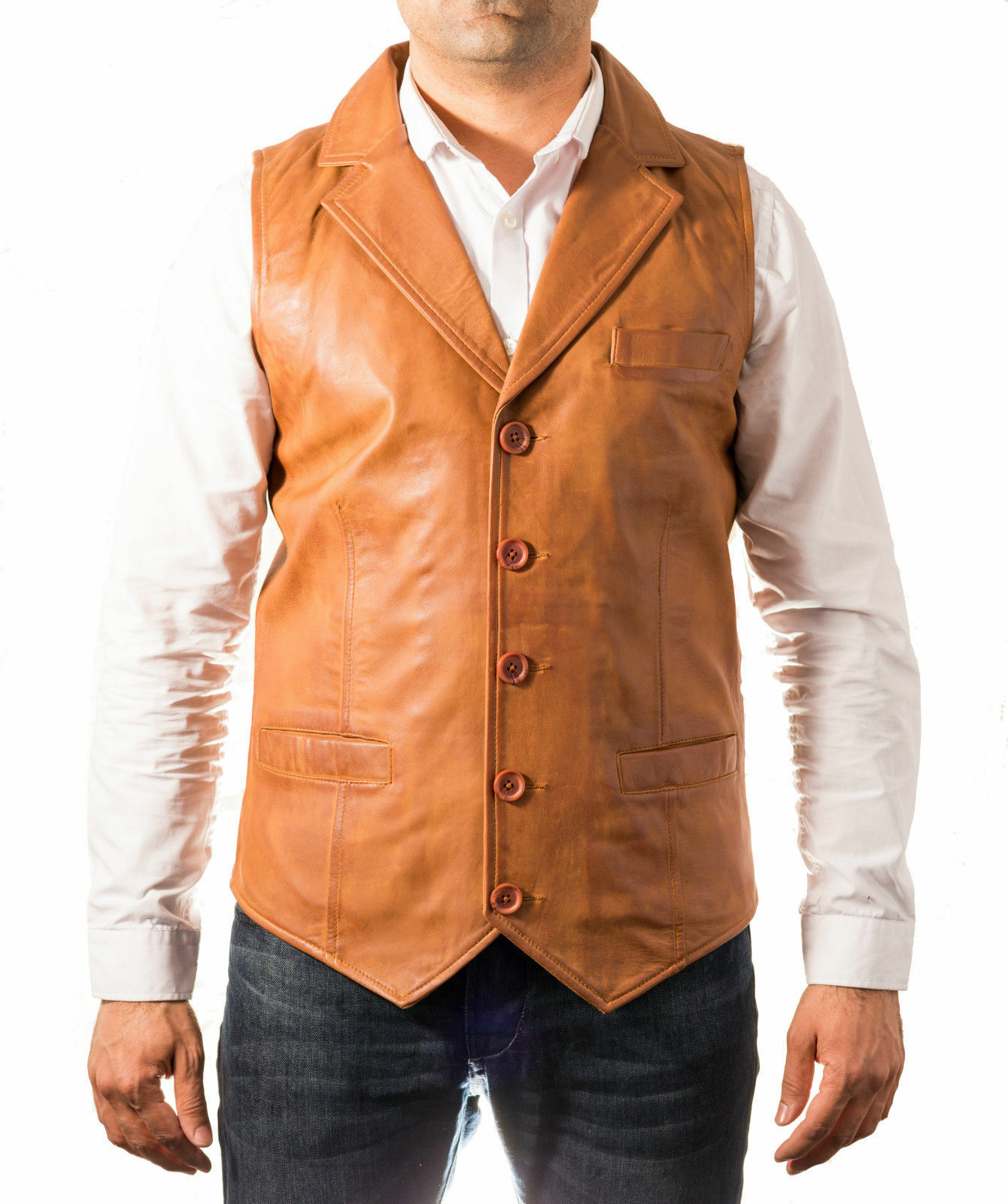 NEW Men Genuine Lambskin Leather Vest Jacket Tan VNeck Collar Lined