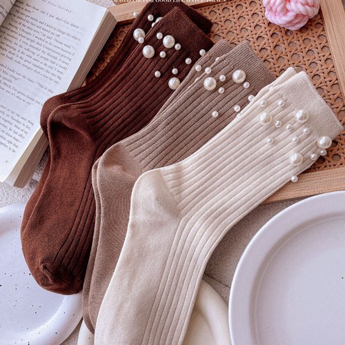 Women Cotton Socks Short Hosiery Foot Socks Mid-tube Socks Casual Simple Pearl - Picture 7 of 29