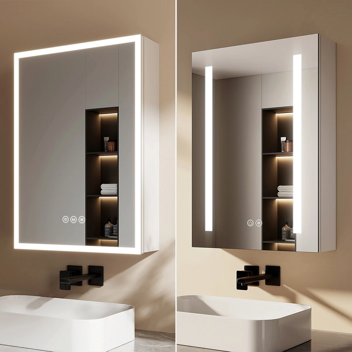 Bathroom Cabinet Mirror 3 LED Lights Shaver Socket Demister Pad with Storage