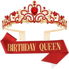 Happy Birthday Queen Tiara Crowns for Women, Red Sash, 21