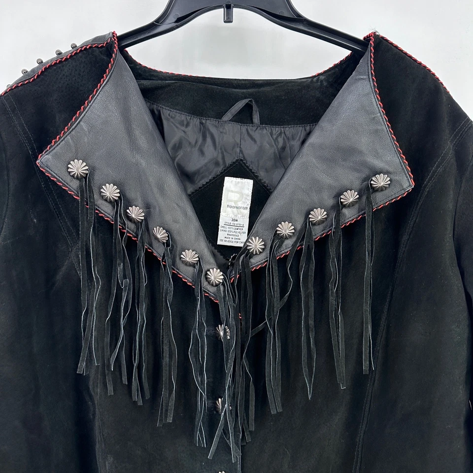 Chaqueta de cuero de gamuza con flecos occidentales Roamans para mujer talla grande 30 W negra roja Foto 3 de 4