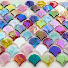 ILLUCKAI 3/4" Iridescent Fanshape Glass Mosaic Tiles for Crafts, 170 Pieces M...