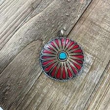 Old Tibetan Necklace Pendant - Turquoise & Red Coral Inlay - Whimsy Fairycore