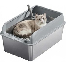 Stainless Steel Cat Litter Box with Lid Enclosed Metal Litter Pan Filter Scoop