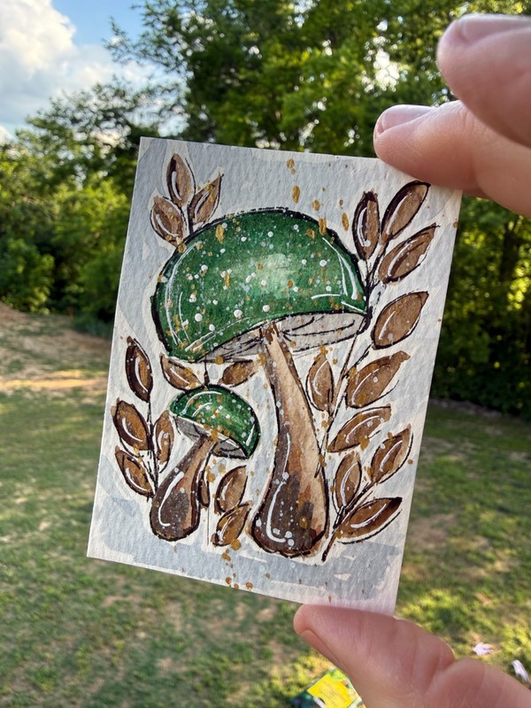 ACEO #17 Red Mushroom / Green Leaves Watercolor Art Trading Card, 3.5x2.5 inch