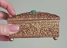 Vintage Tibetan/Nepalese Ornate Brass Filigree Trinket Box Turquoise Stones