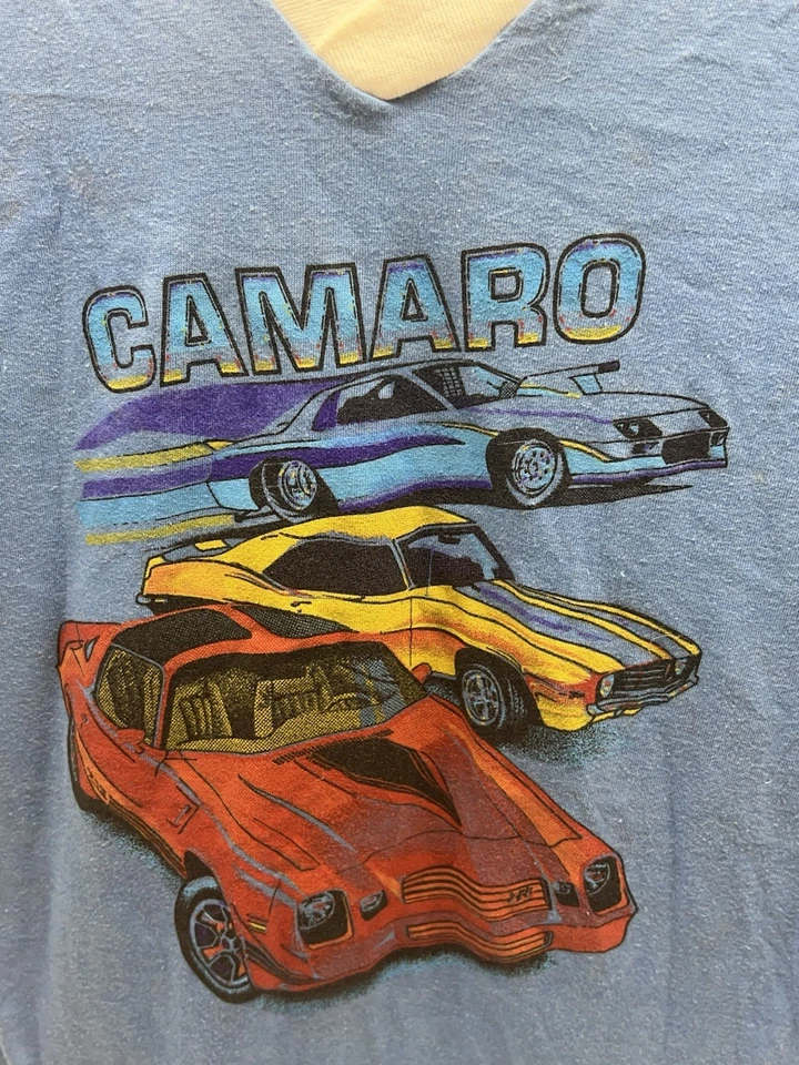 Camiseta vintage Camaro Chevy S puntada única azul suave blanco a rayas Foto 3 de 4