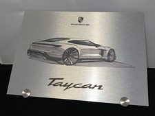 Porsche Taycan Metal Plaque Etched Sketch Desk Sign Porsche Taycan Metal Plaque Etched Sketch Desk Sign