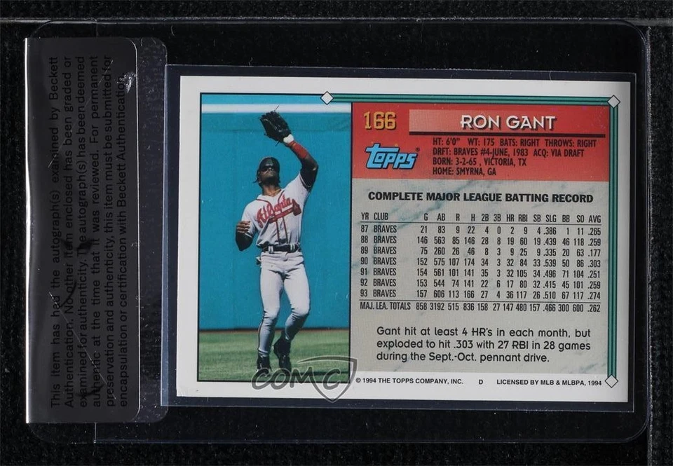 BAS 1994 Topps Gold Ron Gant #166 Seal of Authenticity Auto - Image 2 of 2