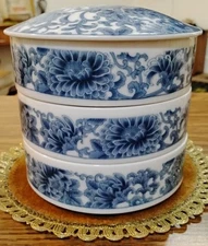 Vintage Ethan Allen Chinese Blue White Hand Painted Porcelain Stacking Bowls