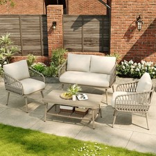 4 Piece Garden Furniture Set, Outdoor Patio Sofa, 2 Chairs & Coffee Table, Beige