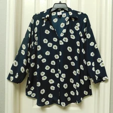 CABI Go To Top Womens Small Navy Tunic Button Up Curved Hemline Poppy Flowers