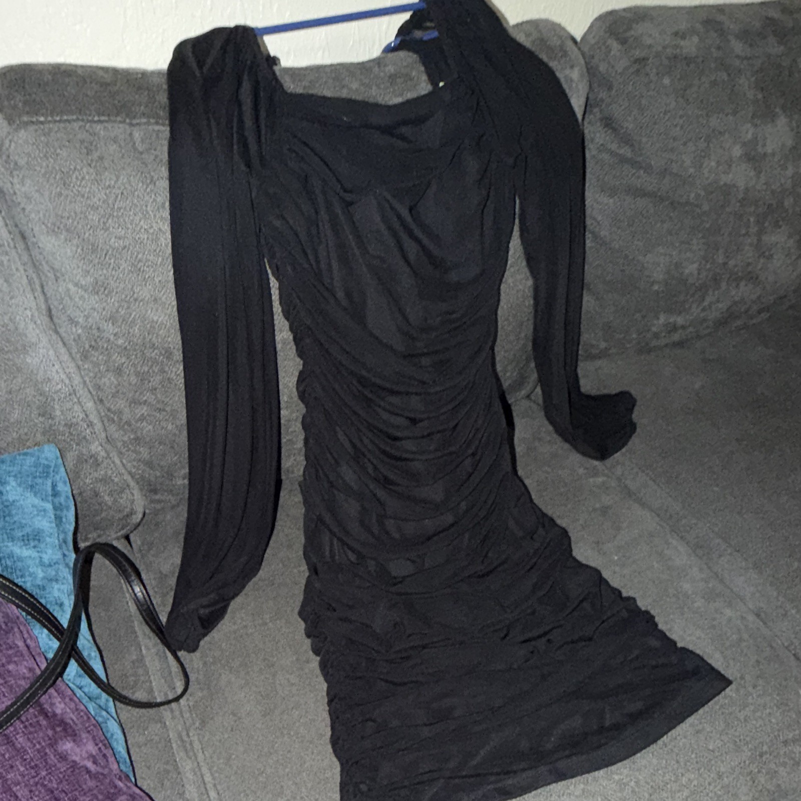 Women’s Black Ruched Cowl Neck Bodycon Midi Dress Long Sleeve Solid Size M