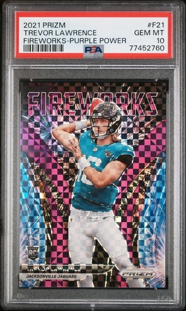PSA 10 - 2021 Panini Prizm Fireworks TREVOR LAWRENCE RC Purple Power Prizm 38/49