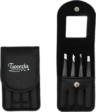 TWEEZIA Stainless Steel Tweezer Set - 4 Precision Tweezers with Mirror  Leather