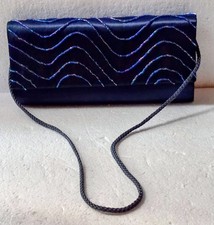 New Style  Co Navy Blue Satin Beaded Wave Designed Evening Bag w Strap  S OH 3