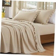 4 Pieces Plaid Ruffle Bed Sheets, Cotton Gingham Bed Sheet Queen Taupe Plaid