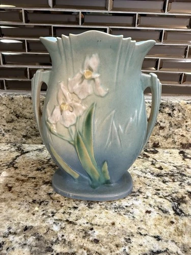 Pale Blue Roseville Iris Handled Vase Vintage Jardiniere RARE
