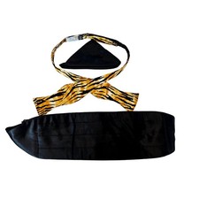 Wild Tie Silk Tiger Animal Print Self Bowtie Black Cummerbund Set Mens OS 3717