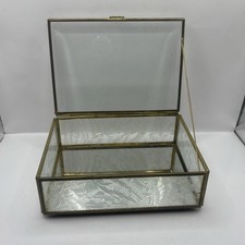 Vtg Brass  Beveled Glass  Mirror Jewelry Trinket Box Vanity Dresser Box
