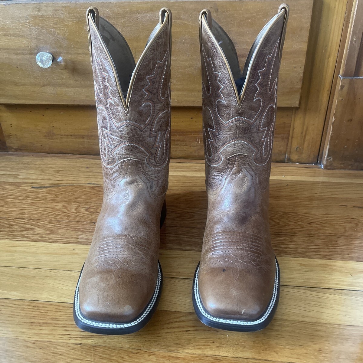 Silver Wild Western Cowboy Boots Brown Beige Pull On Mid Calf approx. size 10 REDTOP Brown Square Toe Embroidered Comfortable Mid-Calf  main image 3