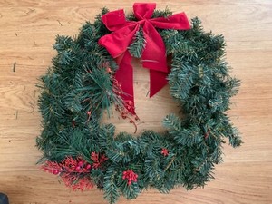 Christmas Evergreen Door Wreath 18” with Red Bow and Holly Berries
