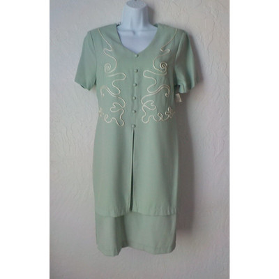 Vintage CC Studio Soft Green Layered Embroidery Sheath Dress Women size 6 Zip Up