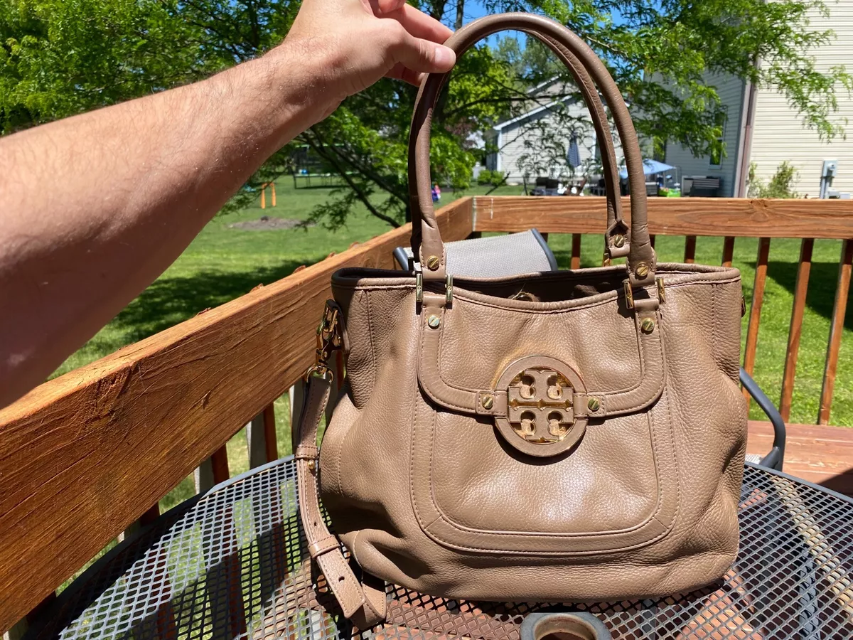 Tory Burch Amanda Classic Leather Hobo Bag Tote Beige