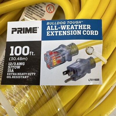 Prime 12/3 100 ft All Weather Extension Cord STJOW 15A Extra Heavy Duty Lighted