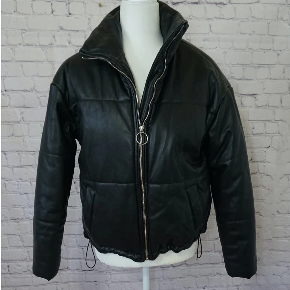 Jason Maxwell women's puffer coat  faux leather size medium black winter biker  - Image 3 of 4