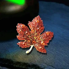 BEAUTIFUL ORANGE RHINESTONE LEAF BROOCH PIN or PENDANT for FALL or AUTUMN 2"
