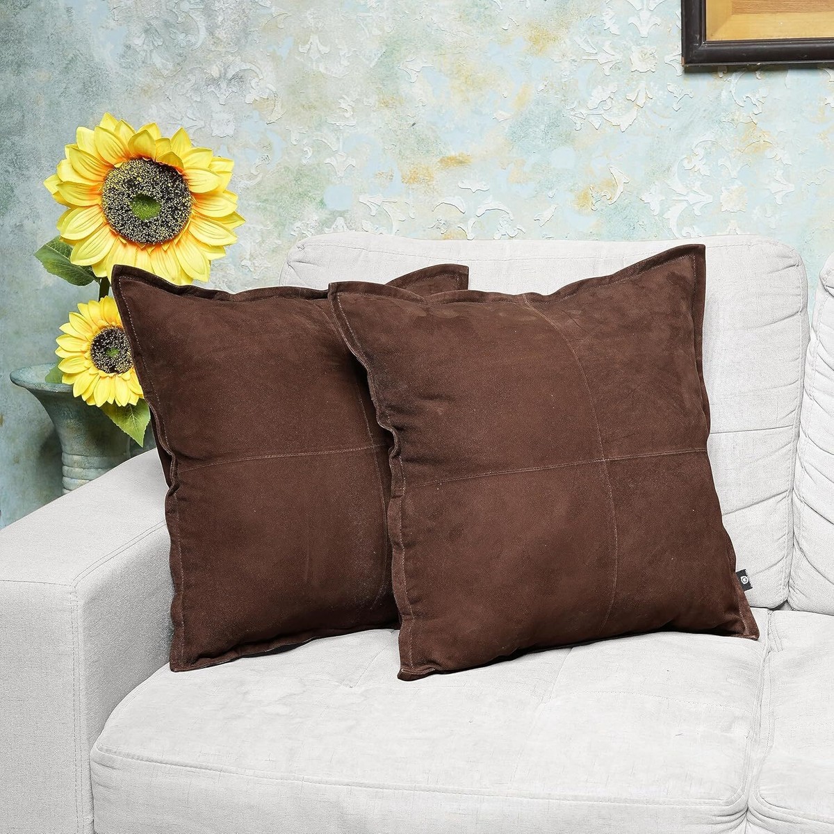 QAWACH Lambskin Suede Leather Pillow Cover – 18x18 Inches, Beige, Pack Of 2 – Decorative Throw For Sofa, Bed, Living Room