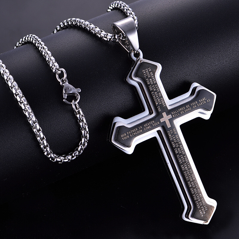 Mens Layered Cross Necklace Stainless Steel Lord's Prayer Large