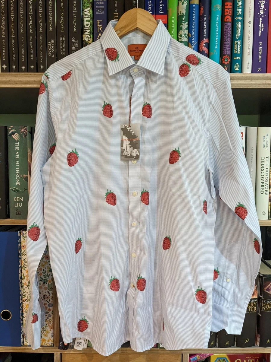 Simon Carter Jacquard Blue Strawberry Embroidery Shirt Size 16