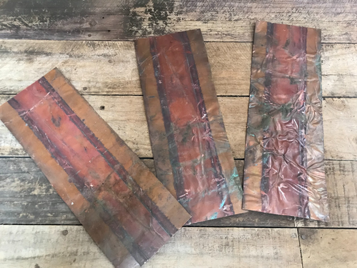 3 Fogli Rame 12" X 4 3/8" Patina Verdigris Colori Piegato ammaccato Rugoso (D) - Foto 5 di 7