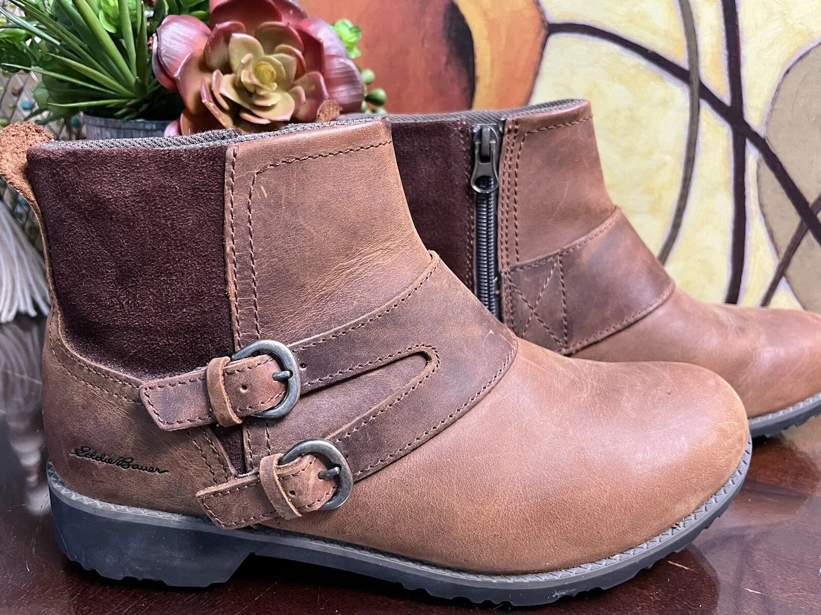 Eddie Bauer Stillwater Womens Almond Brown Leather Outdoor Ankle Boots Sz 8