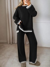 Women's Colorblock Crew Neck Sweater and Wide Leg Pants Knit Loungewear Set