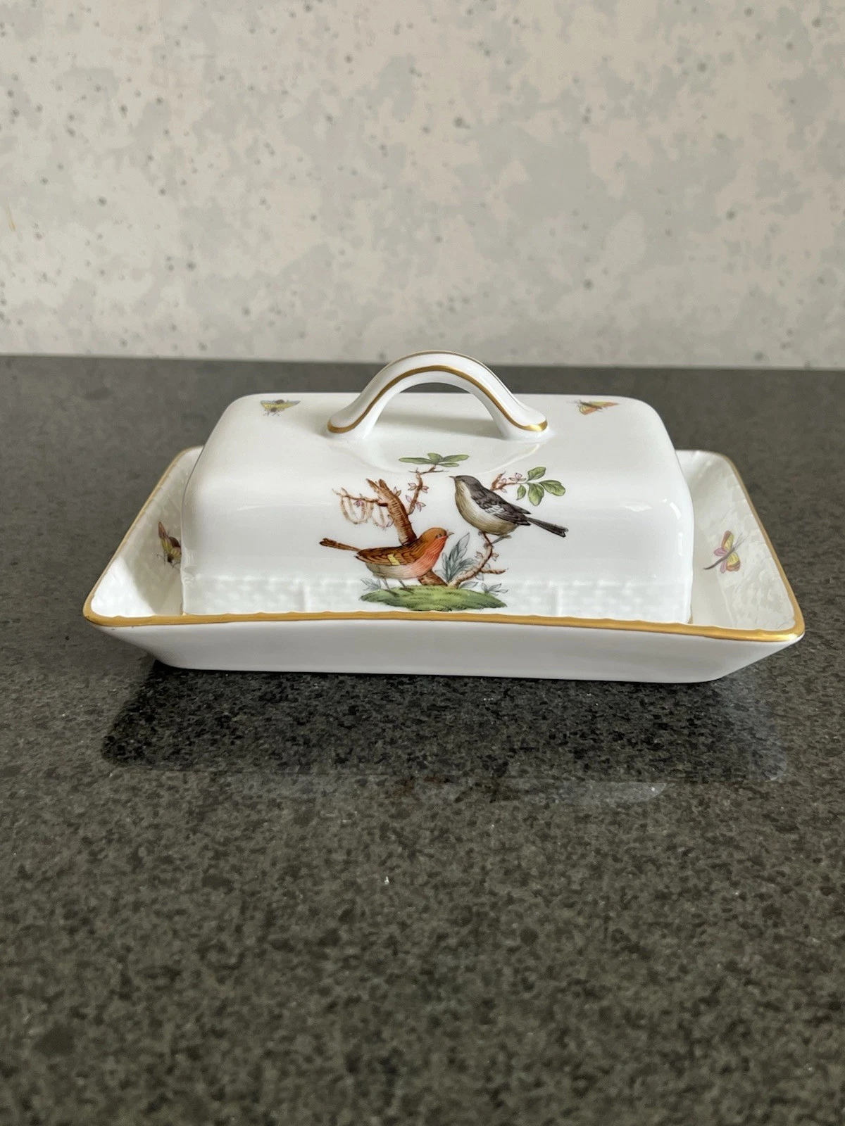 Herend Porcelain Rothschild Bird Rectangular Covered Butter Dish 389- RO 84