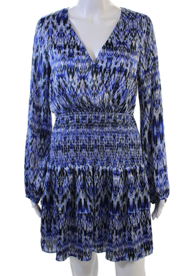 #ad Aqua Womens Blouson Mini Dress Blue V Neck Long Sleeve Geometric Size M $37.49