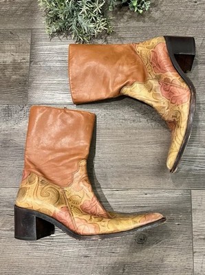 VINTAGE Vero Cuoio Soles ITALIAN Leather ROSE EMBOSSED BOOTS Sz 39 8-8.5 Italy