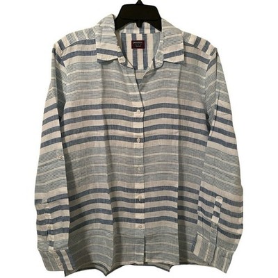 Untuckit Women's Blue White Striped Linen Vietti Button Down Shirt Size 4